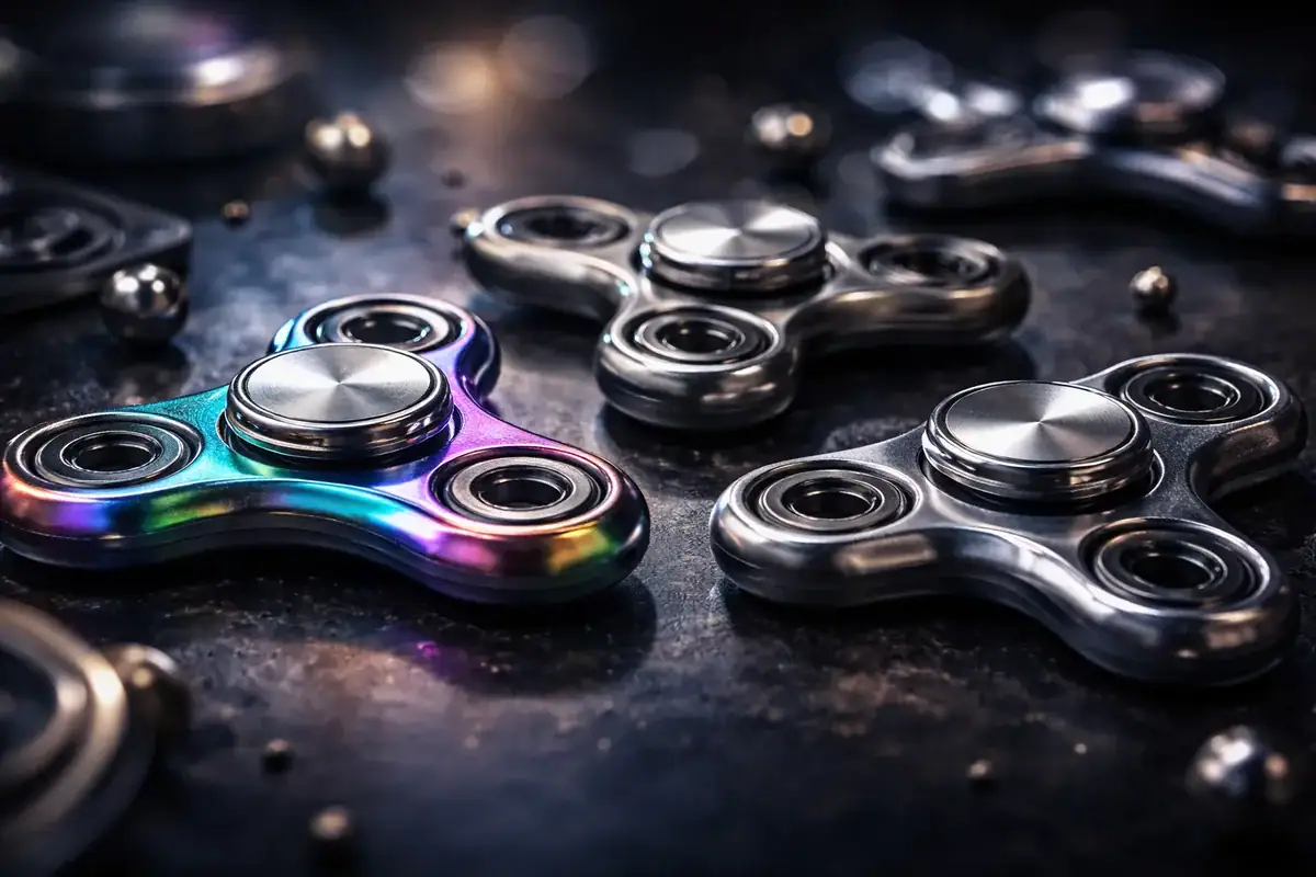 Fidget spinners métalliques colorés et noirs, accessoires de relaxation et de concentration, disposés sur une surface sombre avec un éclairage subtil.