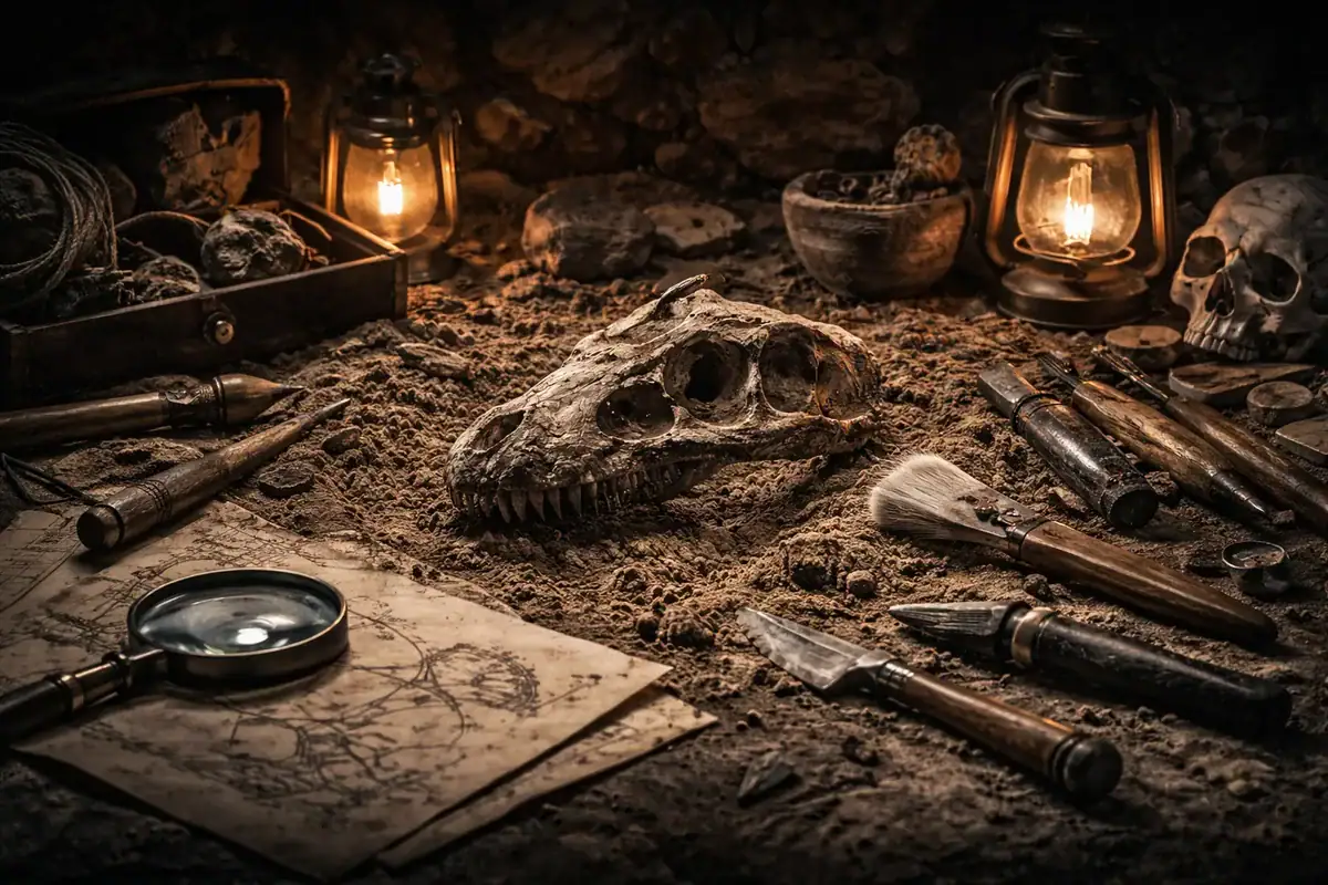 Tête de dinosaure fossilisée ancienne, entourée d'outils de paléontologie, lanternes et objets de fouille, évoquant une scène de découverte scientifique.