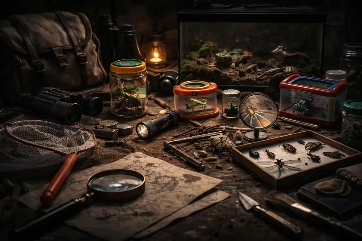 Collection d'outils et d'équipements scientifiques pour la recherche et l'observation, incluant microscopes, loupes, boîtes à insectes, et accessoires dans un environnement de laboratoire ou d'explora.