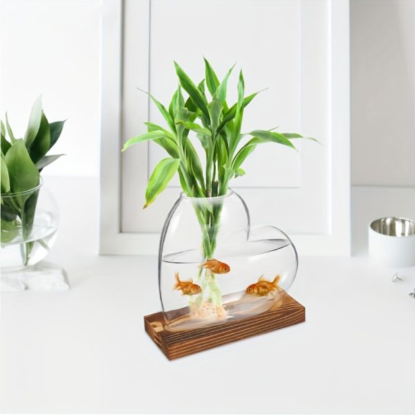 Plante aquatique dans vase en verre avec poissons rouges, décoration scientifique pour intérieur, design moderne et élégant.