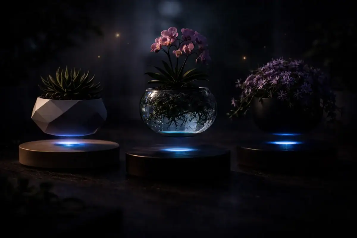 Vases décoratifs avec plantes et fleurs illuminées, créant une ambiance mystérieuse et élégante. Parfaits pour la décoration scientifique ou moderne, ils apportent une touche unique à votre intérieur.