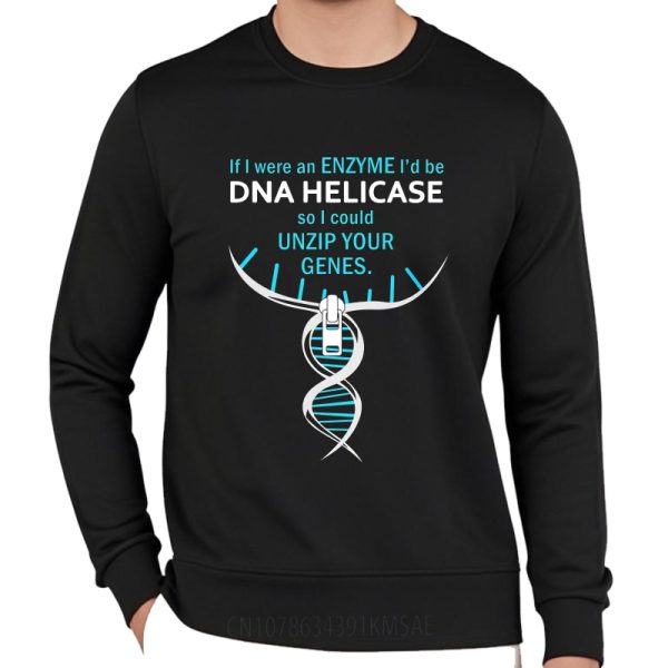 T-shirt avec motif ADN et message humoristique sur la dénaturation génétique.