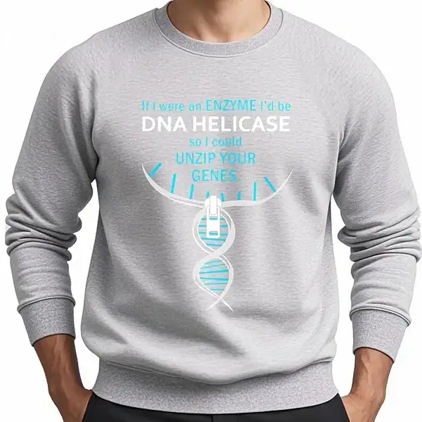 Pull avec motif ADN et message humoristique sur la déverrouillage des gènes.
