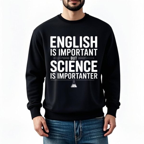 Sweatshirt noir avec message humoristique sur l'importance de la science par rapport à l'anglais, idéal pour les amateurs de sciences et d'humour.