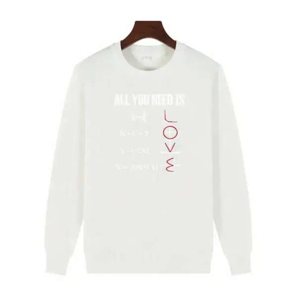 Sweatshirt blanc avec motifs mathématiques et texte "All you need is love" en rouge, parfait pour les amateurs de sciences et mathématiques.