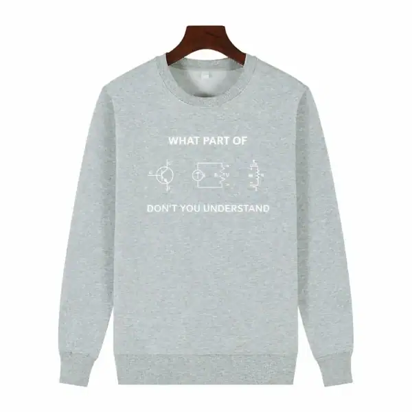 Veste gris clair avec motifs électriques et texte humoristique sur la compréhension des circuits électriques.