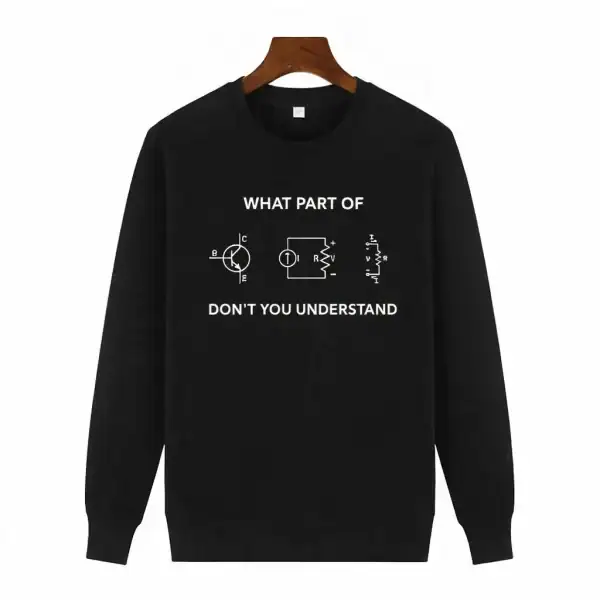 Pull noir avec diagrammes électriques et texte amusant.