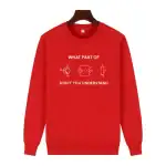 Sweat rouge avec diagrammes électriques et texte humoristique "What part of don't you understand" pour les passionnés d'électricité.