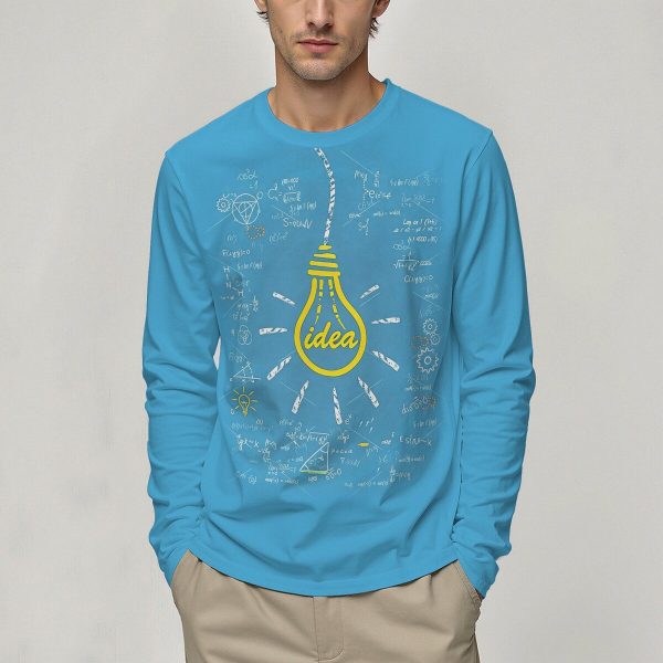 Sweat à capuche bleu avec illustration d'une ampoule et dessins scientifiques, parfait pour les amateurs de science et d'idées innovantes.