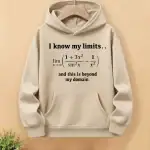 Sweat à capuche beige avec citation mathématique "I know my limits... and this is beyond my domain" et formule de limite en mathématiques.