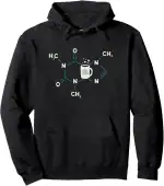 Sweat à capuche noir avec design moléculaire et tasse de café, parfait pour les amateurs de science et de chimie, alliant style et passion scientifique.