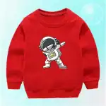 Sweatshirt rouge pour enfant avec un motif d'astronaute en style cartoon, parfait pour les amateurs d'espace et de science-fiction.