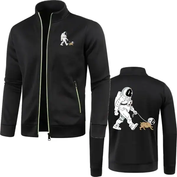 Veste homme noire avec motif d'astronaute marchant un chien, style décontracté et tendance, idéale pour les amateurs de science et d'astronomie.