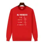 Sweatshirt rouge avec citations et formules mathématiques, parfait pour les amateurs de science et de mathématiques, idéal pour une décoration originale ou un cadeau éducatif.