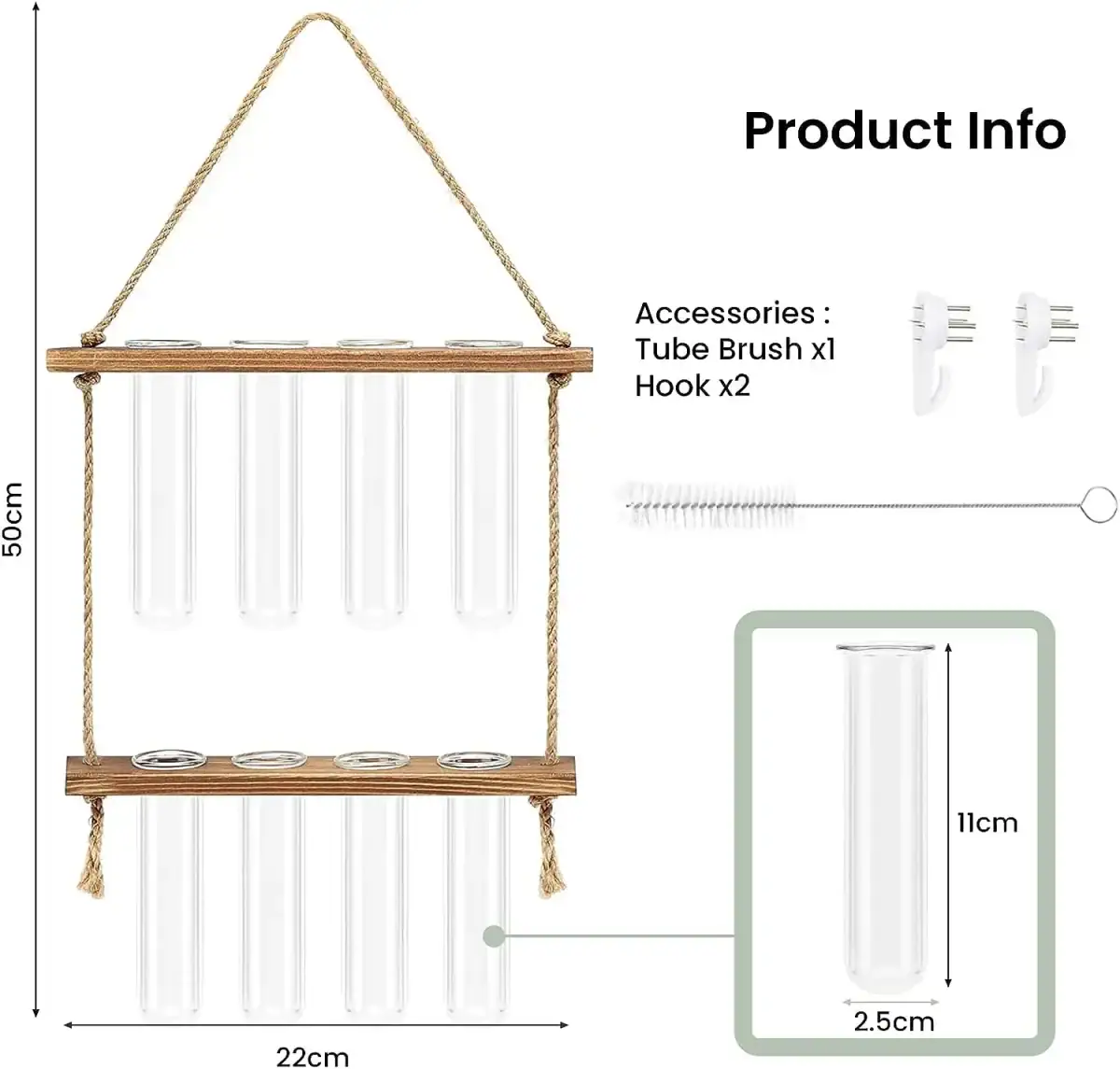 Porte-bouteilles en bois avec tubes en verre suspendus, idéal pour la décoration scientifique ou pour exposer des liquides. Comprend des accessoires : brosse à tube XL et crochets x2.
