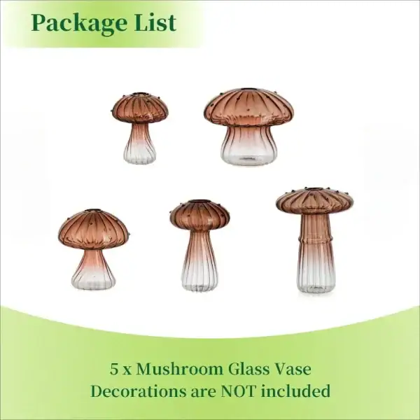 Vase en verre en forme de champignon, lot de 5 pièces, décoration de style scientifique ou naturel, idéal pour la décoration intérieure ou de laboratoire.