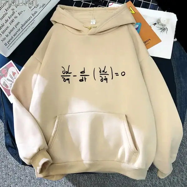 Sweat à capuche beige avec une équation mathématique en dérivées affichée en noir au centre, idéal pour les amateurs de sciences et de mathématiques.