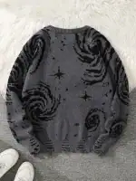 Pull à motif galaxie gris et noir, avec des étoiles et des spirales représentant un ciel nocturne, parfait pour une décoration inspirée de l'espace.