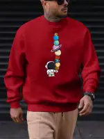 Sweatshirt rouge avec motif de planètes et d'astronautes, style urbain et tendance, parfait pour les amateurs de science et d'astronomie.