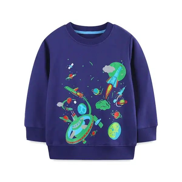 Sweat-shirt pour enfant avec motif d'espace, planètes, fusées et astronautes, parfait pour les amateurs d'astronomie et de sciences.