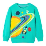 Sweatshirt pour enfant avec design spatial, astronautes et planètes colorées sur fond turquoise, parfait pour les amateurs d'astronomie et de science.