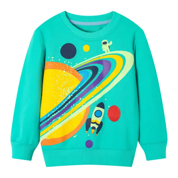 Sweatshirt pour enfant avec design spatial, astronautes et planètes colorées sur fond turquoise, parfait pour les amateurs d'astronomie et de science.