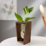 Vase en bois avec une plante verte à feuilles larges, décoration naturelle et moderne pour intérieur.