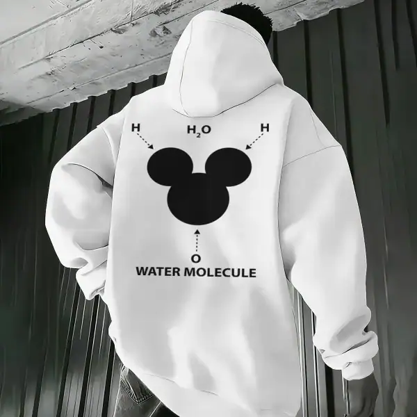 Veste à capuche blanche illustrant la molécule d'eau, avec des annotations chimiques H2O et Water Molecule, idéale pour les amateurs de science et de décoration éducative.