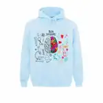 Veste à capuche avec design de cerveau coloré et éléments scientifiques, idéale pour les amateurs de sciences et d'art.