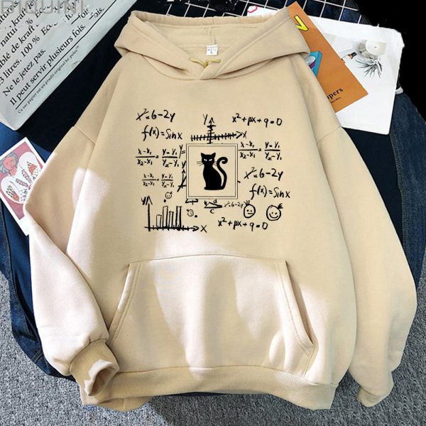 Vêtement à capuche avec design de formules mathématiques et symbole de chat noir.