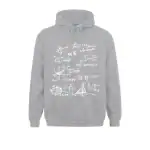 Sweat à capuche gris avec illustrations d'équations mathématiques complexes imprimées en blanc, parfait pour les amateurs de sciences et de mathématiques.
