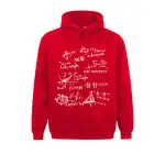 Sweat à capuche rouge avec illustrations d'équations mathématiques complexes en blanc, parfait pour les amateurs de sciences et de mathématiques.