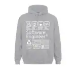 Sweat à capuche gris avec motifs liés à l'ingénierie logicielle, idéal pour les passionnés de technologie et de programmation.