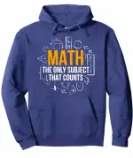 Veste à capuche bleue avec motif mathématique et slogan "Math, the only subject that counts" pour les amateurs de sciences. Parfait pour afficher votre passion pour les mathématiques au quotidien.