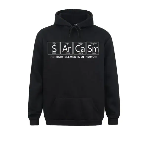 Sweat à capuche noir avec design humoristique basé sur la table périodique, mettant en avant le symbole "SArCaSm" pour "Humour".