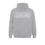 Sweat à capuche gris clair avec la formule chimique "S Ar Ca Sm" et la phrase "Primary Elements of Humor" en blanc, style graphique moderne.