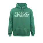 Sweat à capuche vert avec formule chimique "SArCaSm" et la mention "Éléments principaux de l'humour" pour un style décontracté et amusant.