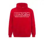 Vêtement à capuche rouge avec formule chimique de l'humour primaire.