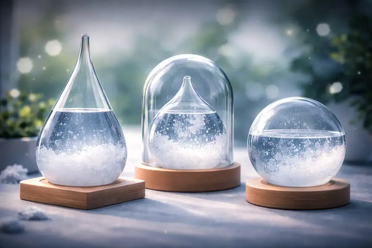 Vases en verre de laboratoire contenant un liquide lumineux, exposés sur des socles en bois, dans un décor naturel et apaisant, parfaits pour la décoration scientifique ou moderne.