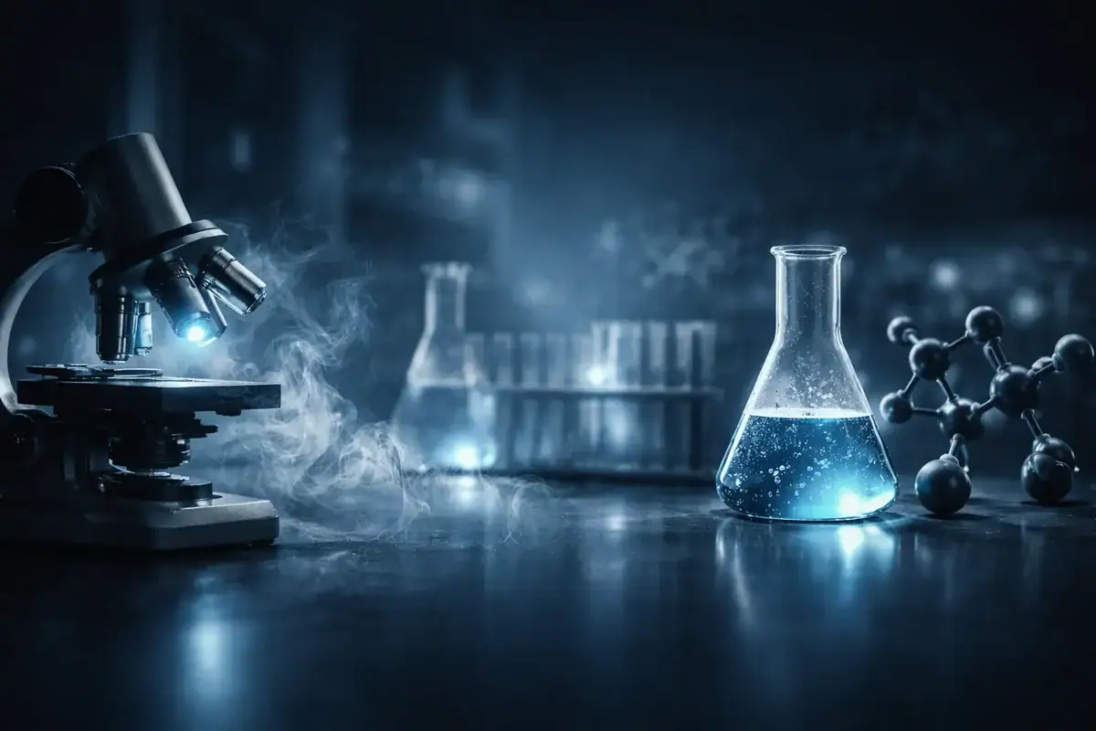 Microscope et flacon de liquide en laboratoire scientifique.