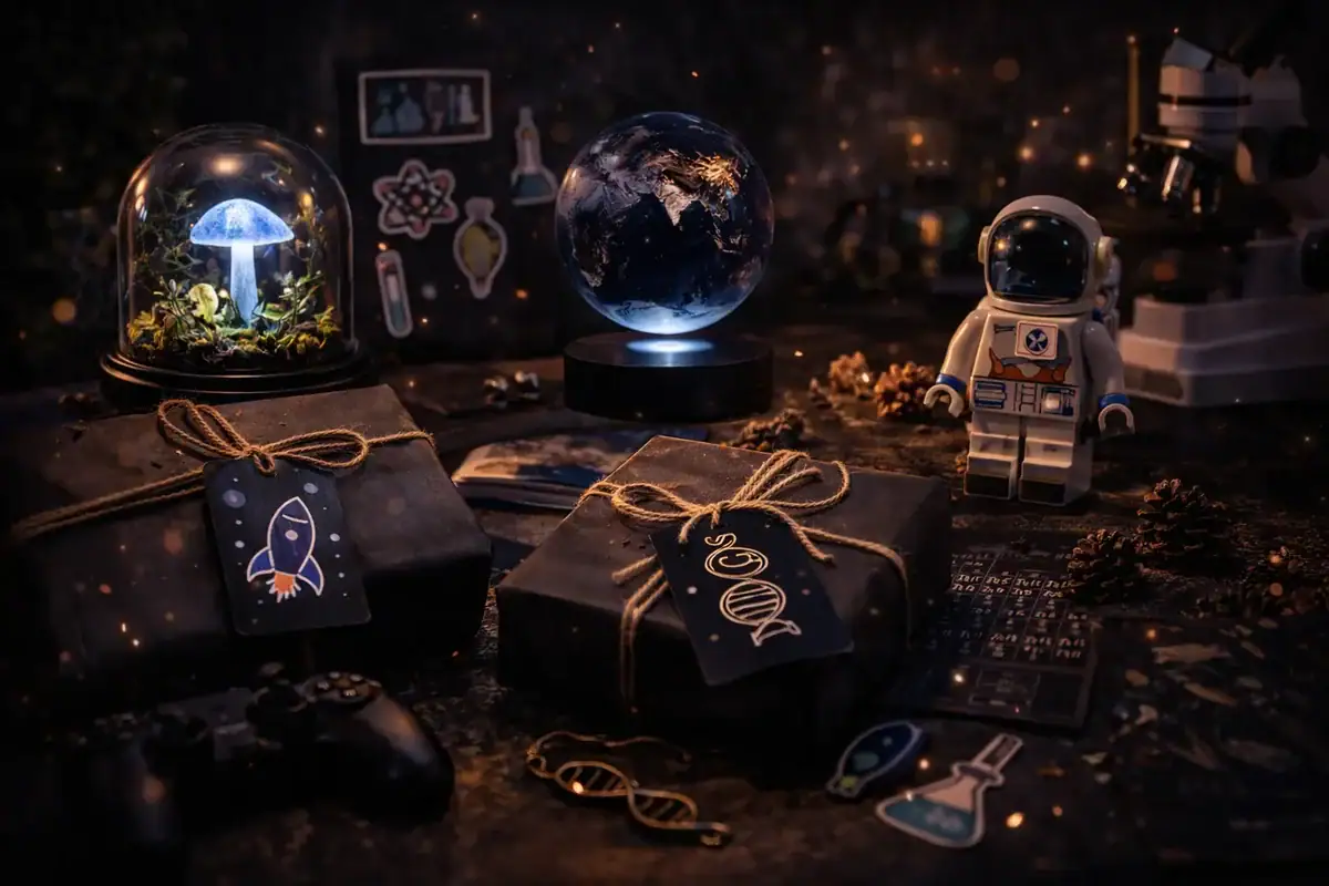 Collection d'objets scientifiques et de décoration, incluant une planète Terre illuminée, un globe terrestre, un astronaute en figurine, et des accessoires liés à la science, parfaits pour la décorati.