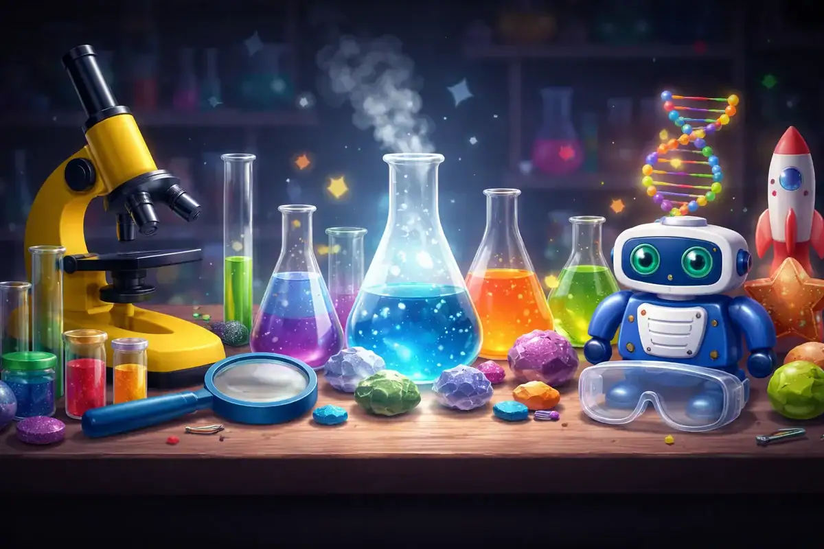 Microscope, fioles colorées, robot et éléments de science pour expériences éducatives et ludiques.