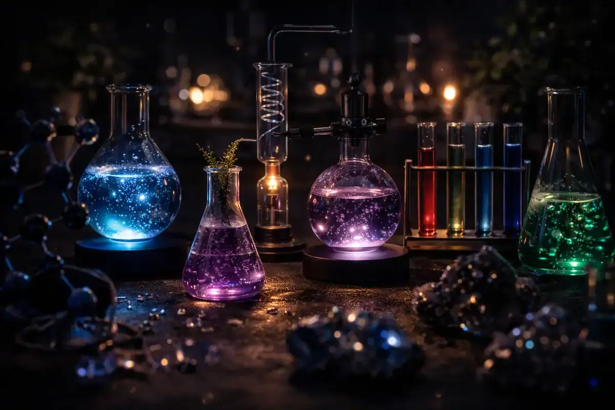 Échantillons de laboratoire lumineux avec des fioles et tubes à essai colorés, créant une ambiance mystérieuse et scientifique dans un laboratoire obscur.