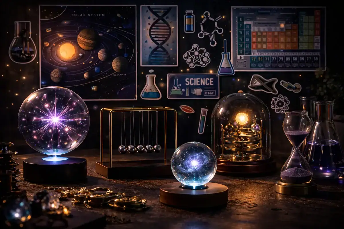 Collection d'objets scientifiques et décorations de laboratoire, incluant des globes lumineux, des appareils de physique, et des illustrations de systèmes solaires et moléculaires.