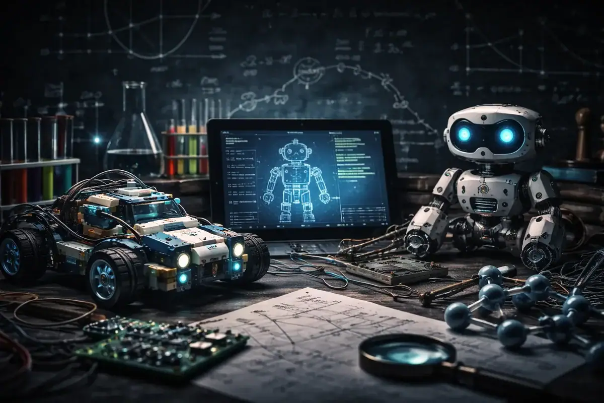 Robot et véhicules de science, laboratoire high-tech avec ordinateur et équipements scientifiques.
