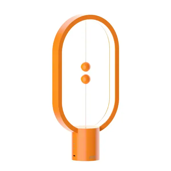 Lampe de bureau design en forme d'ovale orange avec deux boutons pour l'éclairage.