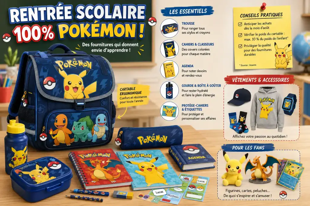 Sac à dos Pikachu avec fournitures scolaires Pokémon, idéal pour la rentrée, comprenant une trousse, une boîte à lunch, un cahier, et des accessoires pour enfants fans de Pokémon.