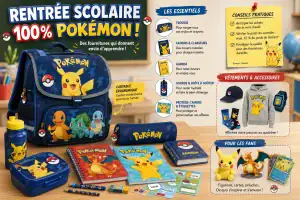 Sac à dos Pikachu avec fournitures scolaires Pokémon, idéal pour la rentrée, comprenant une trousse, une boîte à lunch, un cahier, et des accessoires pour enfants fans de Pokémon.