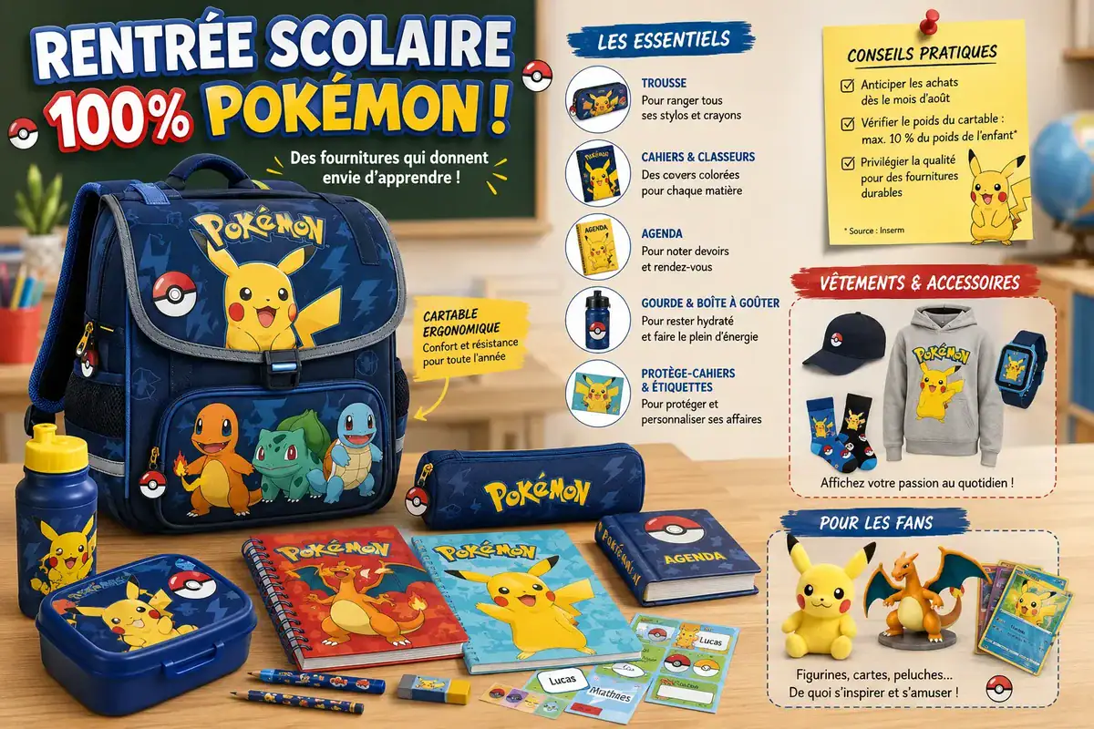 Sac à dos Pikachu avec fournitures scolaires Pokémon, idéal pour la rentrée, comprenant une trousse, une boîte à lunch, un cahier, et des accessoires pour enfants fans de Pokémon.
