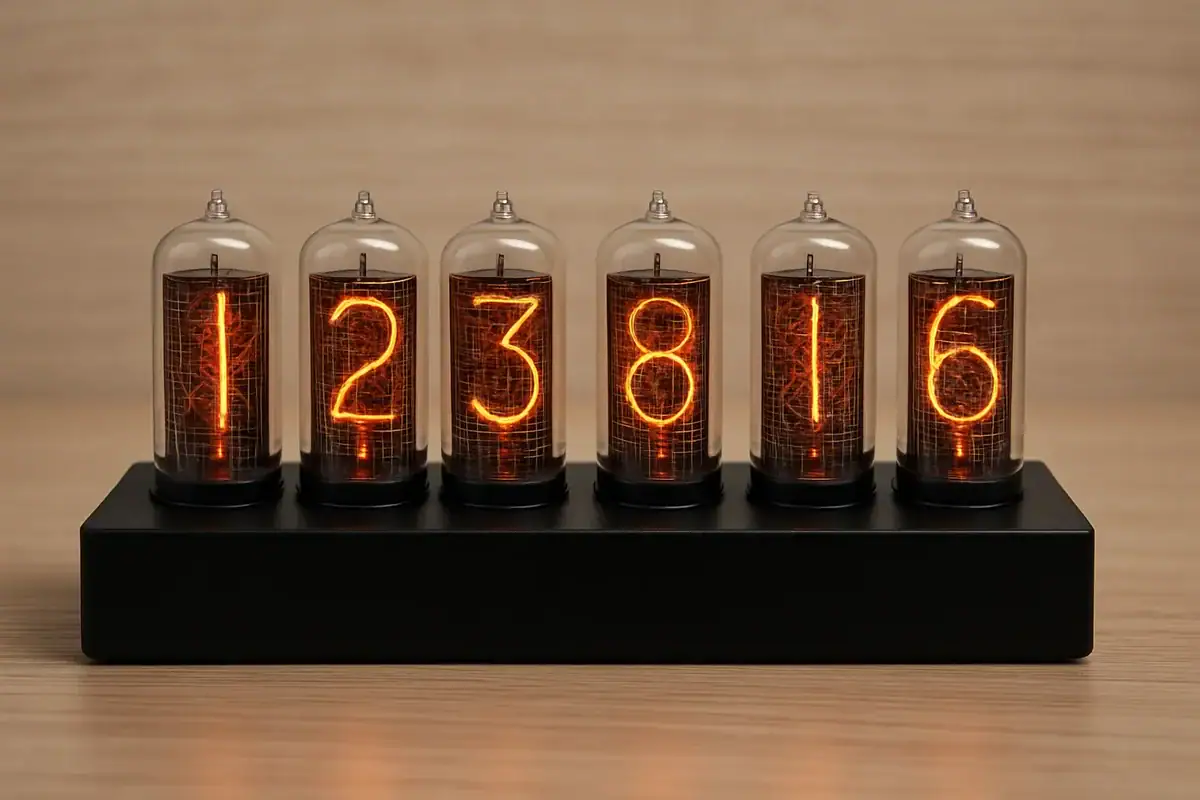 Horloge à tubes Nixie vintage affichant les chiffres 1, 2, 3, 8, 1, 6, sur un socle noir, style rétro, décoration scientifique.